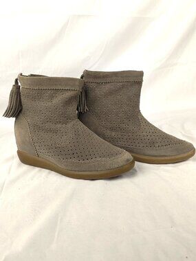 Isabel Marant Taupe Perforated Suede Hidden Wedge Ankle Boots with Tassels 37